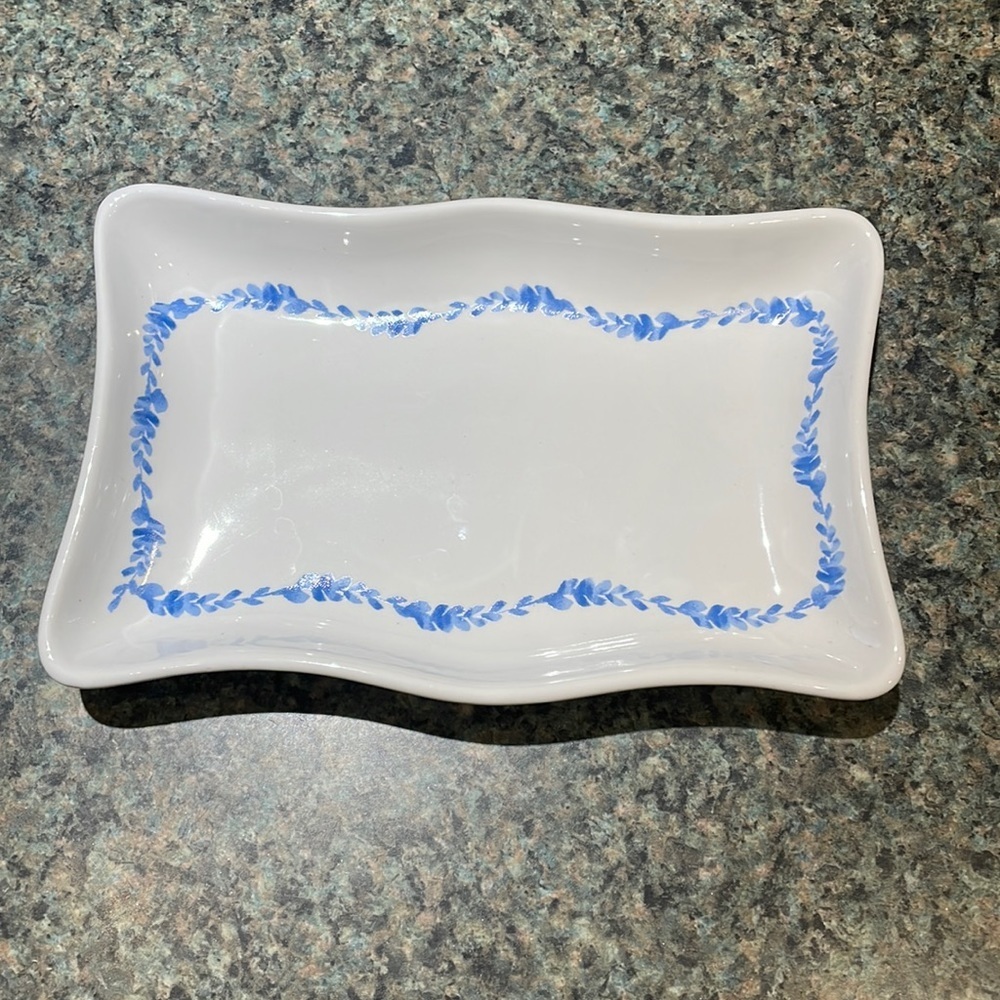 HD Designs ceramic jewelry plate trinket tray white with blue leaves